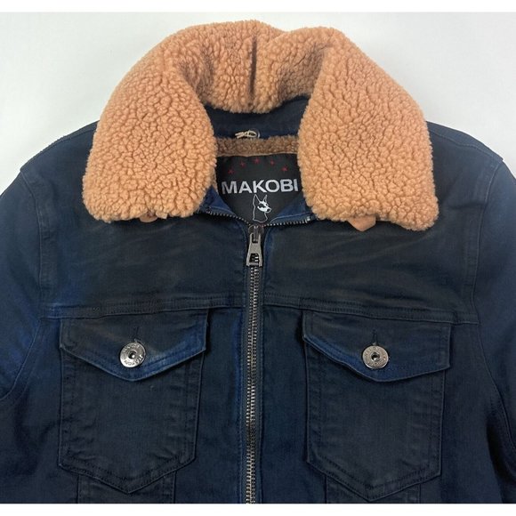 Makobi Mens Small Dark Blue Plaid Zip Denim Jean Sherpa Jacket Distressed M1035 - Picture 4 of 11